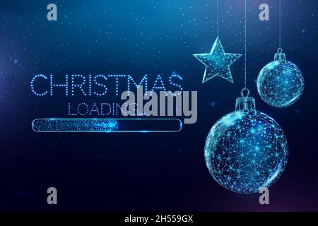 Wireframe Christmas toys and loading bar, low poly style. Merry Christmas and New Year banner. Stock Vector