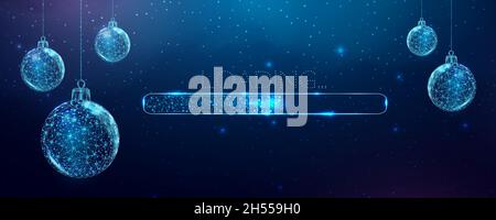 Wireframe Christmas stars and loading bar, low poly style. Merry Christmas and New Year banner. Stock Vector