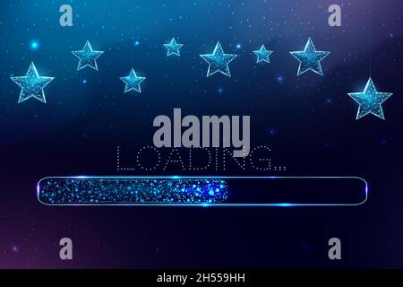 Wireframe Christmas stars and loading bar, low poly style. Merry Christmas and New Year banner. Stock Vector