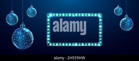 Christmas Movie night banner. Wireframe balls and light billboard, low poly style. Stock Vector