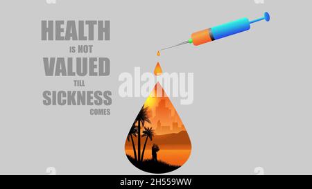 Doctor Syringe Meaningful Illustration, No Health No wealth, Health is Wealth Stock Photo
