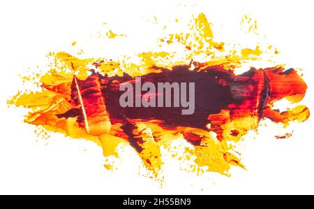 Oil texture paint stain brush stroke isolated on white background. Dark orange red inside wirh bright yellow at the edges. EPS10 vector illustration. Stock Vector