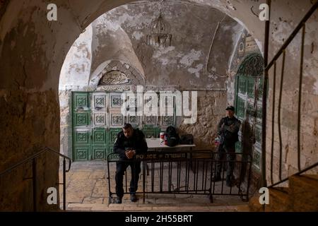 Israeli security forces stand guard at the Gate of Bani Ghanim or Bab al-Ghawanima one of the three gates located on the north side of the Temple Mount leading to al-Aqsa Mosque compound in the old city of Jerusalem in Israel Stock Photo