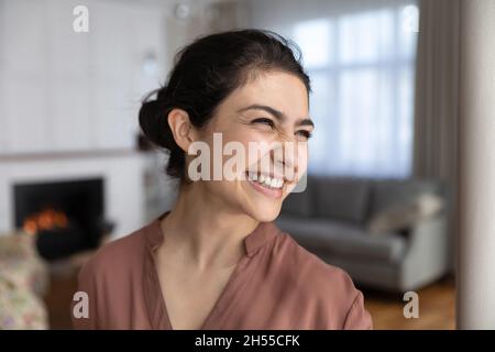 Laughing face of Indian woman close up head shot portrait Stock Photo