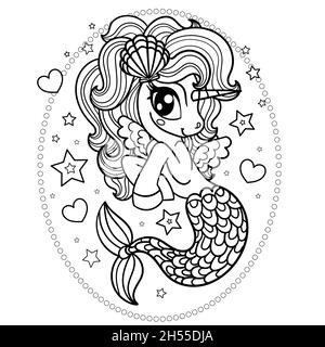 Cute seahorse unicorn. Black and white linear drawing. Vector Stock Vector