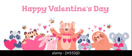 Valentines day banner with animals. Design with cute bear, panda, koala, bees and bunny holding hearts. Cartoon love holiday vector poster Stock Vector