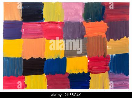 abstract colorful checkered pattern hand painted with dark gouache paints on white paper Stock Photo