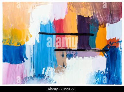 abstract colorful composition with two horizontal lines handpainted with gouache paints on white paper Stock Photo