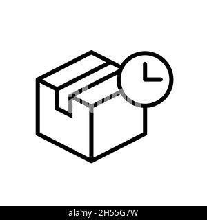 Delivery box with clock line icon. Fast shipping concept. Cardboard box package with timer. Quick transport, cargo, distribution service. Vector, flat Stock Vector