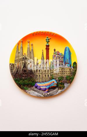 POZNAN, POLAND - Oct 05, 2021: A decoration magnet of the Spanish city Barcelona hanging on a wall Stock Photo