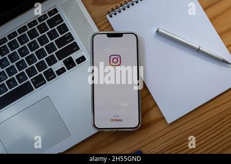 CHIANG MAI, THAILAND - NOV 07, 2021: iPhone 13 Pro Max with logo of instagram from meta. Instagram reels for making short videos and story. Stock Photo