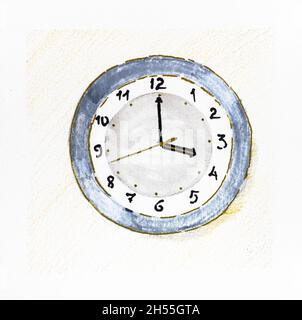 sketch of round wall clock showing 4 o'clock on the dial hand-drawn with markers and color pencils on white textured paper Stock Photo