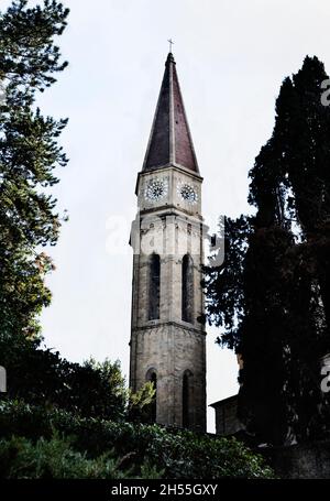 Arezzo , Tuscany , Italy ,Cathedral bell tower with hexagonal section built in neo Gothic style Stock Photo