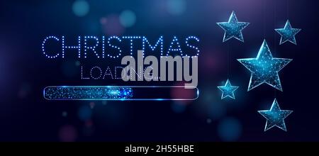 Wireframe Christmas stars and loading bar, low poly style. Merry Christmas and New Year banner. Stock Vector