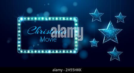 Christmas Movie night banner. Wireframe stars and light billboard, low poly style. Stock Vector