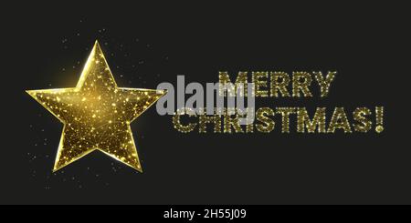 Merry Christmas low poly banner. Polygonal wireframe mesh illustration with gold star. Abstract modern 3d vector illustration on black background. Stock Vector