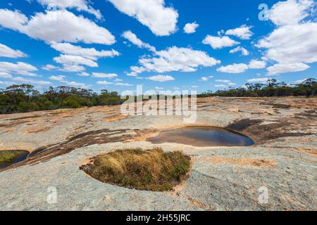 Scenic view of Totadgin Rock, an inselberg or an island mountain, a popular tourist attraction near Merredin, Wheatbelt Region, Western Australia, WA, Stock Photo