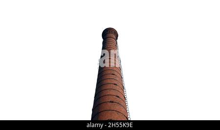 A large chimney in an old factory. smoke stack An old brick chimney on a white background. Stock Photo