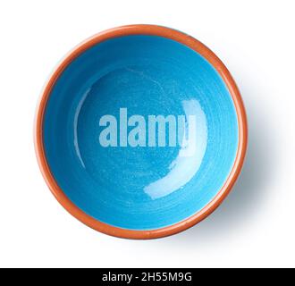 empty blue ceramic bowl isolated on white background, top view Stock Photo