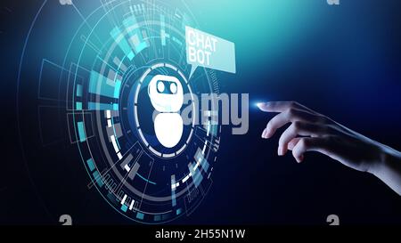 Chatbot computer program designed for conversation with human users over the Internet. Support and customer service automation technology concept. Stock Photo