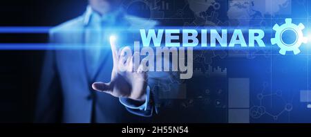 Webinar, Online training, Education and E-learning concept on virtual screen. Stock Photo