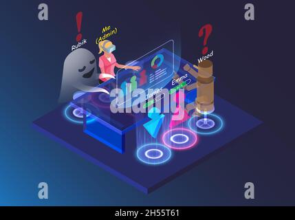 Funny cartoon character meeting online business group. Visual reality technology HUD and VR hologram chat. Isometric hi-tech 3D on background interfac Stock Vector