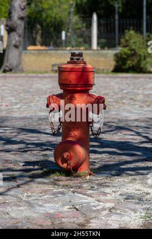 Red water hydrant on a paved path Stock Photo