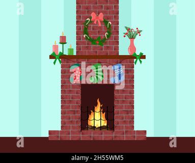 Christmas brick fireplace decorated. Holiday home new year interior. Wreath, candles and hanging socks. Vector illustration. Stock Vector