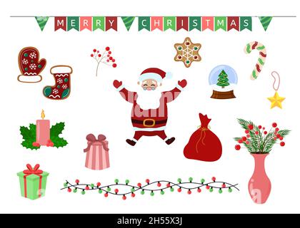 Christmas elements set. Holiday decorations and Santa Claus isolated on white background. Vector flat collection. Stock Vector