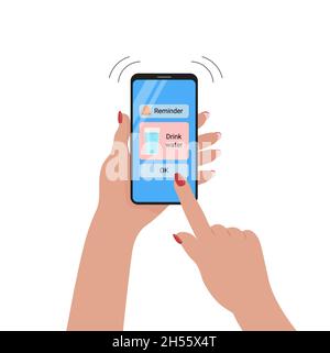 Time to drink glass of water. Mobile phone reminder. Water balance and healthy lifestyle concept. Ringing smartphone in hand of woman top view. Vector Stock Vector