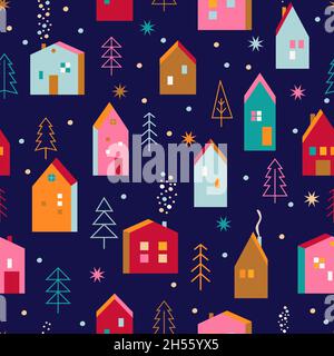 Christmas seamless pattern,houses,christmas trees. Stock Vector