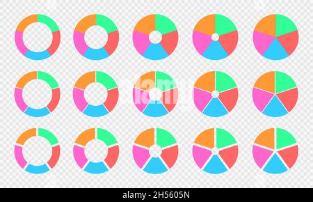 Pie and donut charts set. Colorful circle diagrams divided in 5 sections. Infographic wheels. Round shapes cut in five equal parts isolated on transparent background. Vector flat illustration. Stock Vector