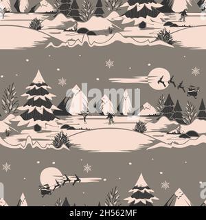 Seamless vector pattern with winter  landscape on brown background. Christmas fun wallpaper design. Decorative festive ice skating fashion textile. Stock Vector