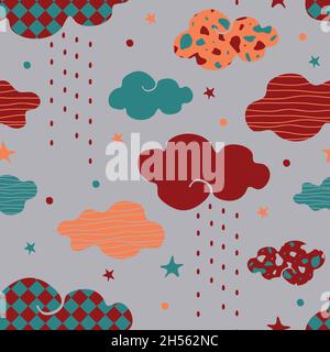 Seamless vector pattern with textured clouds on grey background. Simple fun weather wallpaper design for children. Decorative rainy fashion textile. Stock Vector