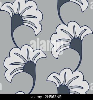 Seamless vector pattern with abstract flowers on grey background. Modern floral wallpaper design. Simple decorative flower bloom fashion textile. Stock Vector