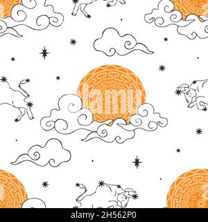 Seamless vector pattern with zodiac moon on white background. Horoscope symbol wallpaper design with Taurus. Simple astronomy fashion textile. Stock Vector
