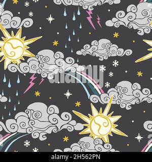 Seamless vector pattern with summer weather on grey background. Hand drawn sun and clouds wallpaper design for children. Decorative sky fashion. Stock Vector