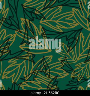 Seamless vector pattern with outlined leaves on green background. Simple abstract nature textured wallpaper design. Stock Vector