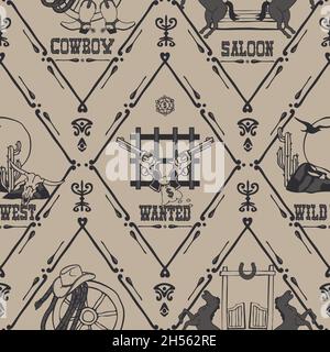 Seamless vector pattern with old wild west logo on grey background. Vintage Texas wallpaper design. Western fashion textile. Stock Vector