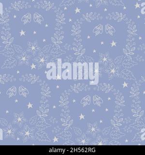 Seamless vector pattern with white flowers on blue background. Christmas wallpaper design with stars. Gentle winter holiday fashion textile. Stock Vector