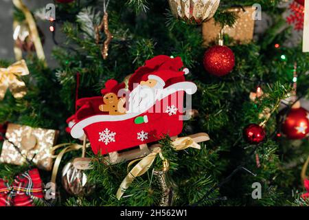 Christmas decor concept. Christmas decorations. Red sleigh. Santa claus and cookies. photo Stock Photo