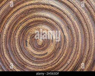 Beautiful and creative surface of a wooden table with circular designs, Top view, full screen. Stock Photo