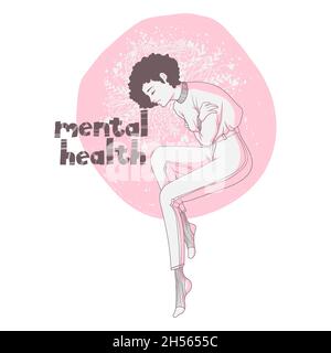 A beautiful girl in harmony with herself. Mental health care and love yourself concept.  Vector hand drawn illustration with slogan Mental health.
