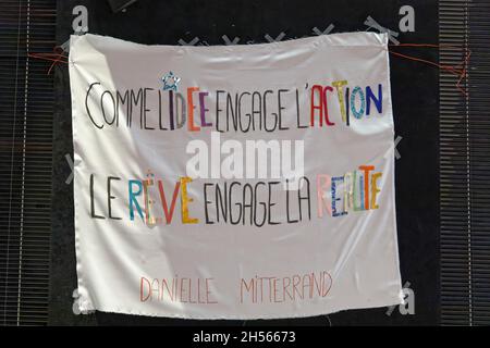 Paris, France. 6th Nov, 2021. Wall display during the 2021 Danielle Mitterrand award ceremony on November 6, 2021 in Paris, France. Stock Photo