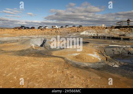 Geothermal area bubbling pools of mud steaming sulfuric gas Stock Photo