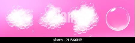 Soap foam pieces with bubbles isolated on pink background. Top view of sparkling shampoo and bath lather clouds. Vector. Stock Vector