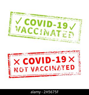 Vaccinated and not, red and green vintage grunge stamp imprints isolated on white Stock Vector
