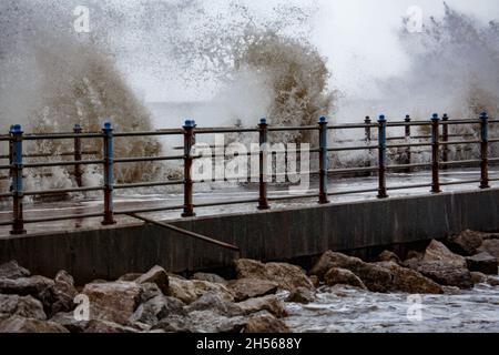 Heysham, Lancashire, U Nited Kingdom. 7th Nov, 2021. Wave Breaking over the Fishing Breakwater at Heysham during this afternoons High Tide Credit: PN News/Alamy Live News Stock Photo