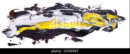 Black yellow and white oil brush stripes stroke. Abstract varnish splash trace shape. Glossy oil paint smear on white background. EPS10 vector illustr Stock Vector