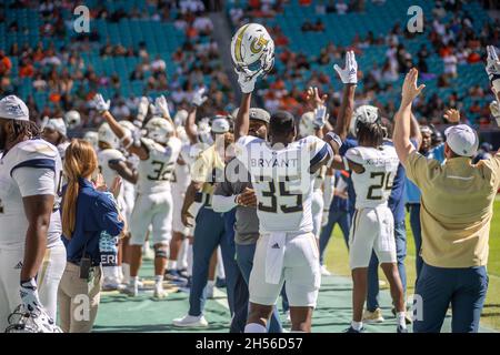 Georgia Tech celebrate touchdown after review during game of an NCAA college football at Hard Rock Stadium in Miami Gardens, FL on November 6, 2021.  (Photo by Yaroslav Sabitov/YES Market Media/Sipa USA) Stock Photo